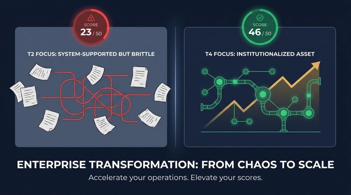 Before and after enterprise maturity rating metrics tracking the operational turnaround and valuation expansion of Logistics Corp under the T4 Evolution framework.